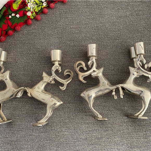 Reindeer Candle Holders Set 2 Silver Metal Taper Candles 7” X 6” Preowned. - Picture 2 of 3